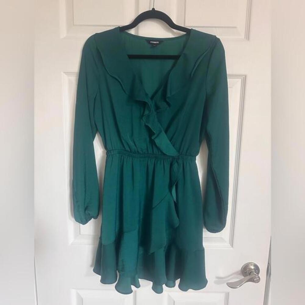 Express Green Long Sleeve Faux Wrap Ruffle Dress